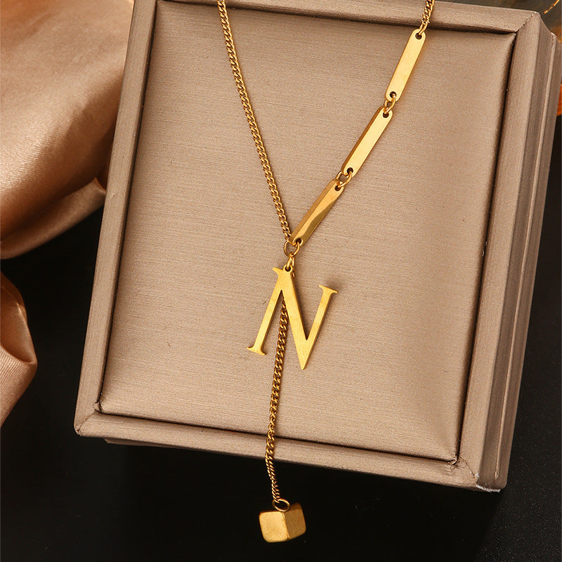 Minimalist Titanium Steel Letter Pendant Necklace with Tassel for Women