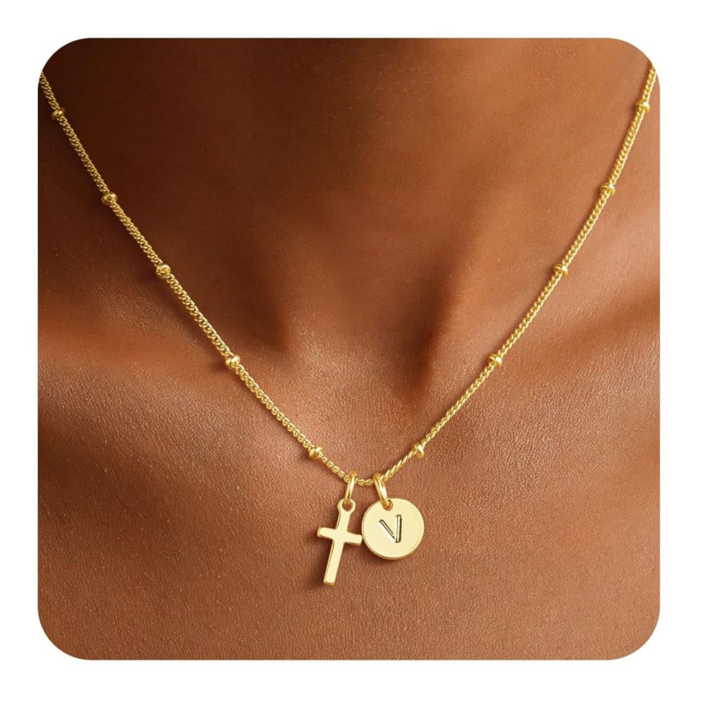 Luxury Elegant Stainless Steel Plated Cross Letter Pendant Necklace Ball Chain Women's Jewelry