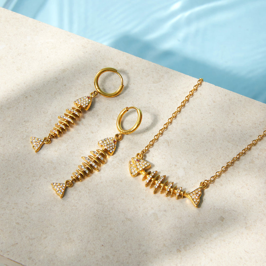 Minimalist Titanium Steel Fish Bone Pendant Necklace and Earring Set Gold Plated Stainless Steel Jewelry for Women