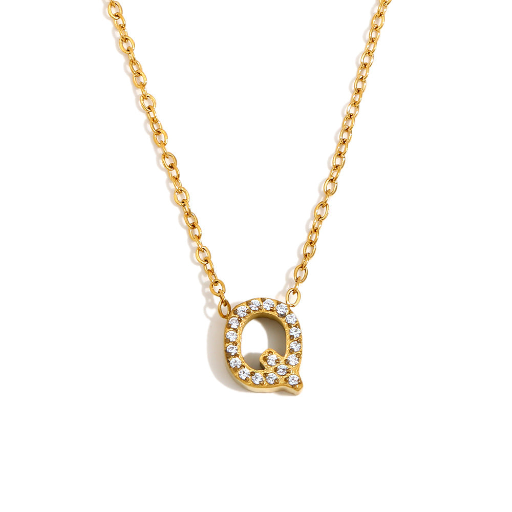 Minimalist Fashion Letter Pendant Necklace for Women Stainless Steel with 18K Gold Plating and Rhinestone Inlay