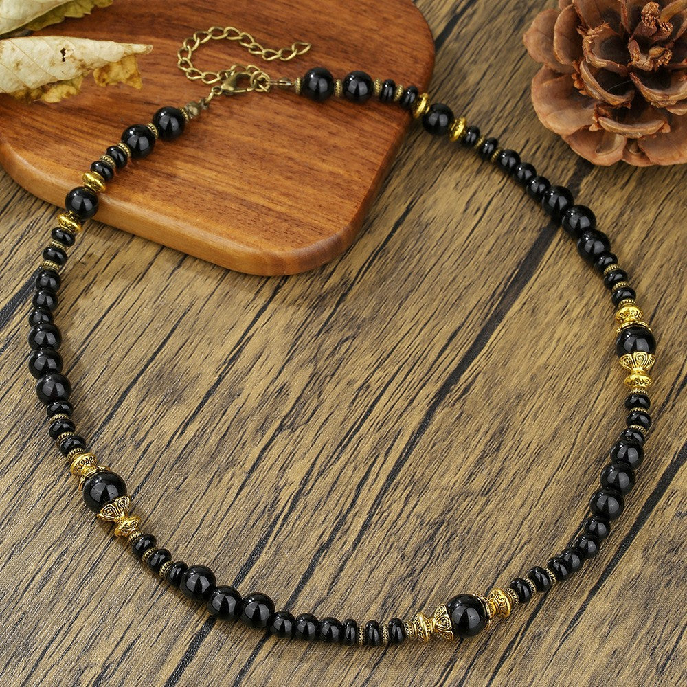 Bohemian Geometric Wood Beaded Necklace with Turquoise Inlay Cable Chain Unisex