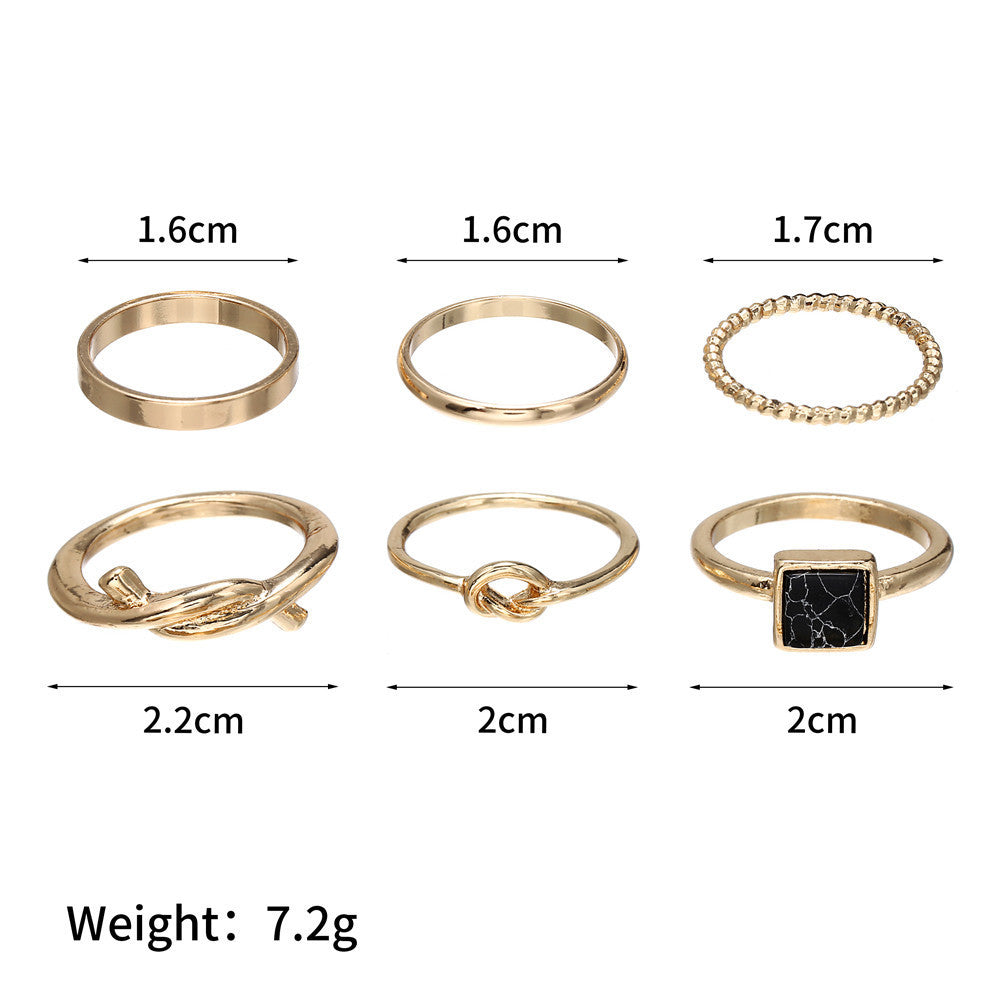 Sweet Geometric Round Turquoise Inlay Plated Alloy 6-Piece Open Ring Set for Women