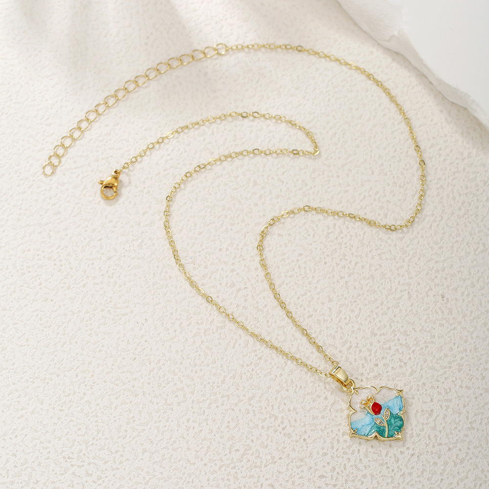 Elegant Drip Oil Floral Brass Gold Plated Necklace with Cubic Zirconia Inlay Cable Chain