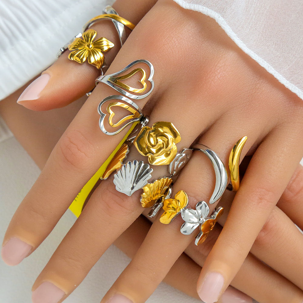 Anello aperto in acciaio inossidabile stile "Edgy Sweet" con motivo a croce e cuore, finitura placcata