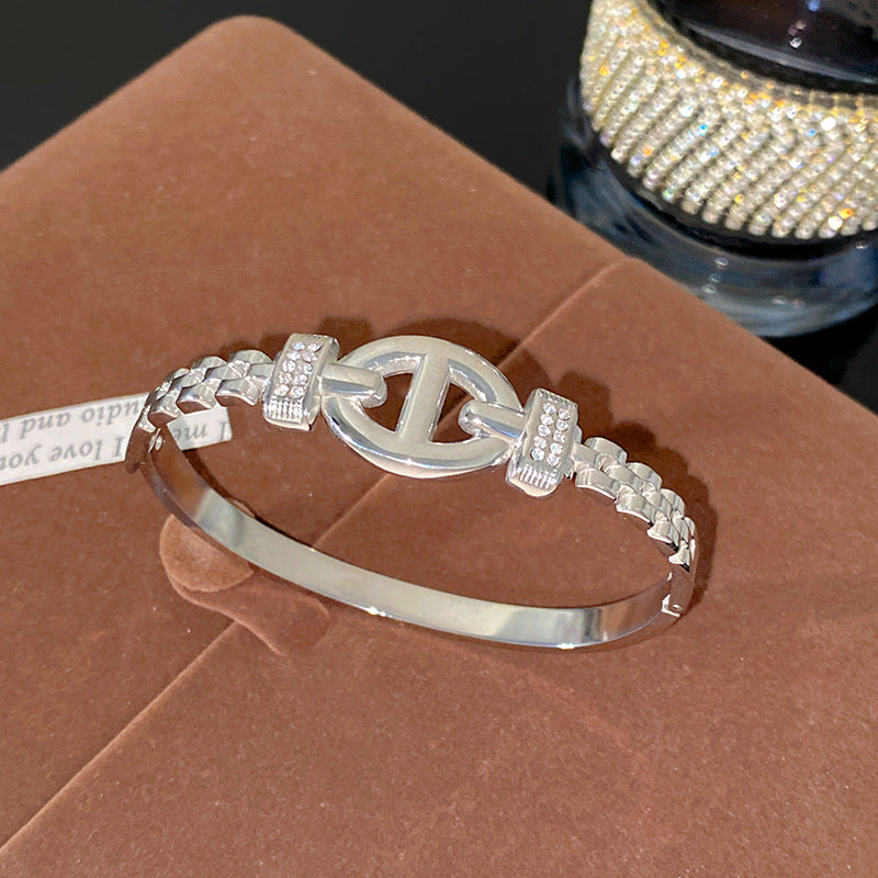 Minimalist Geometric Letter Titanium Steel Plated Rhinestone Bracelet for Women