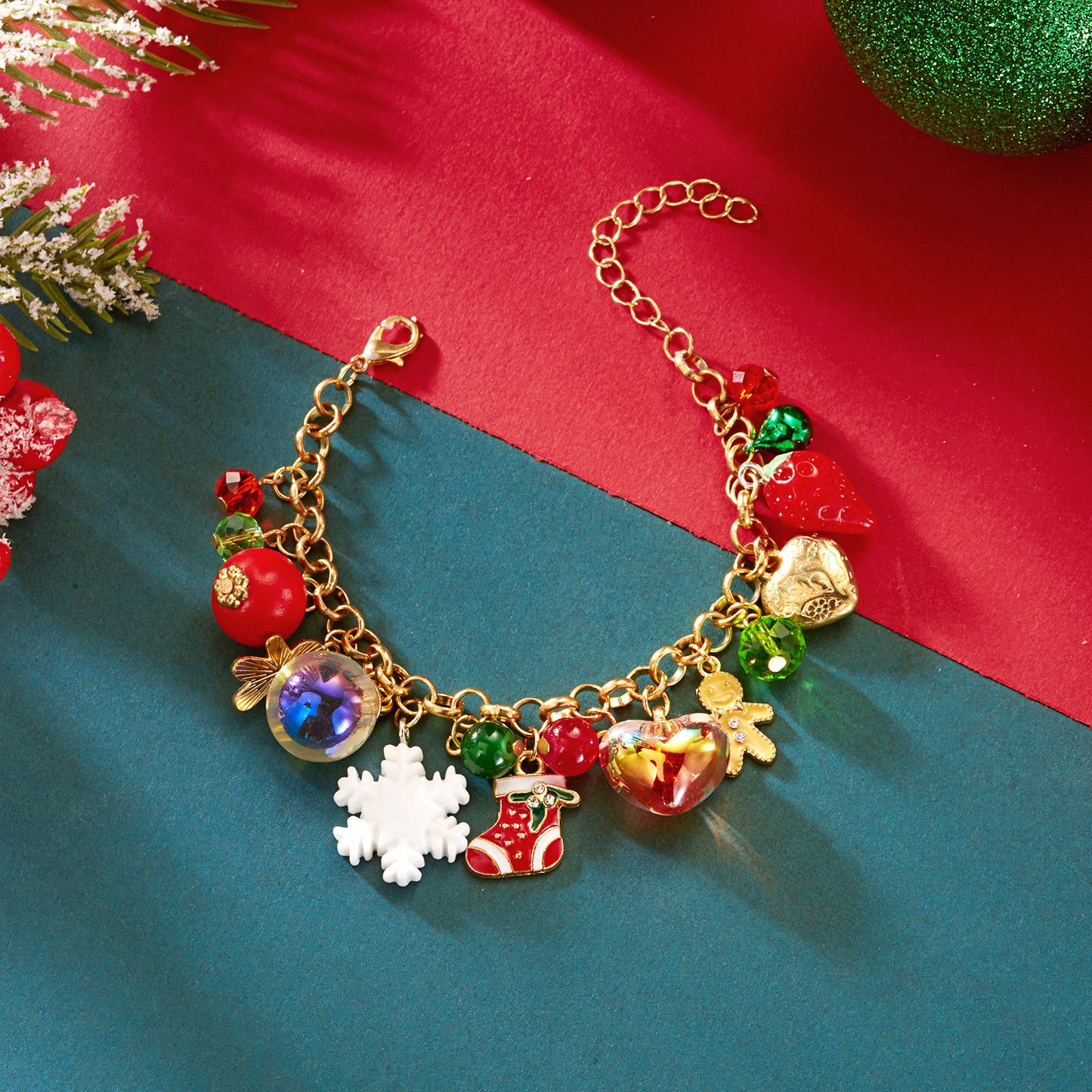 Conjunto de collar y pulsera con colgantes chapados en aleación geométrica con dijes de Papá Noel, copo de nieve y reno