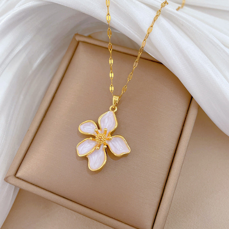 Sweet Drip Oil Floral Rhinestone Pendant Titanium Steel Necklace Cable Chain