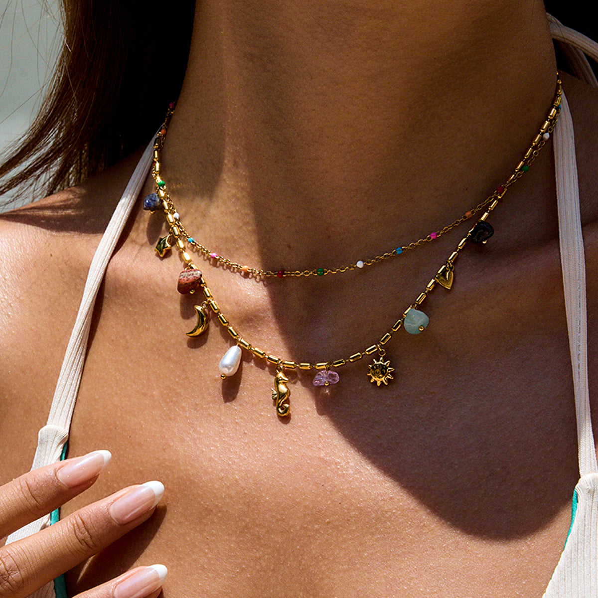 Collana Geometrica in Acciaio Titanio e Perle con Finitura Placcata per Donna, Elegante Catena per Clavicola