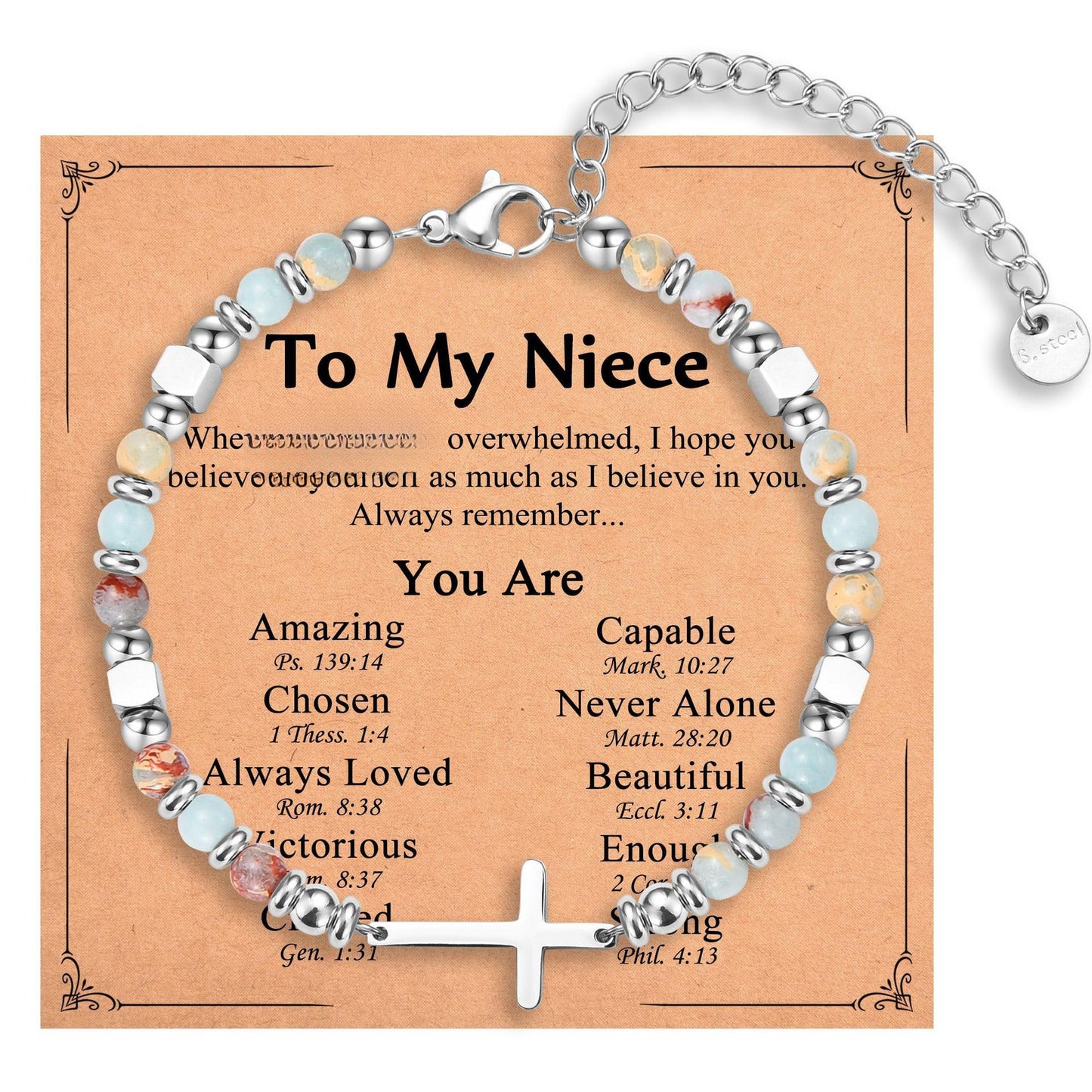 4mm Natural Stone Blue Shoushan Stainless Steel Cross Pendant Adjustable Bracelet