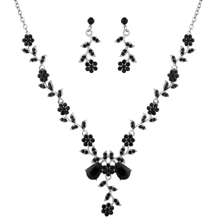 Exaggerated Floral Rhinestone and Crystal Necklace and Earring Set with Cross Chain