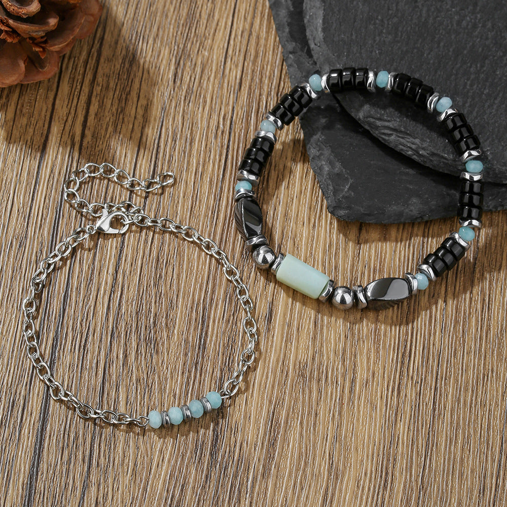 Minimalist Matte Black Agate and Wood Beaded Bracelet Geometric Adjustable Chain for Men and Women