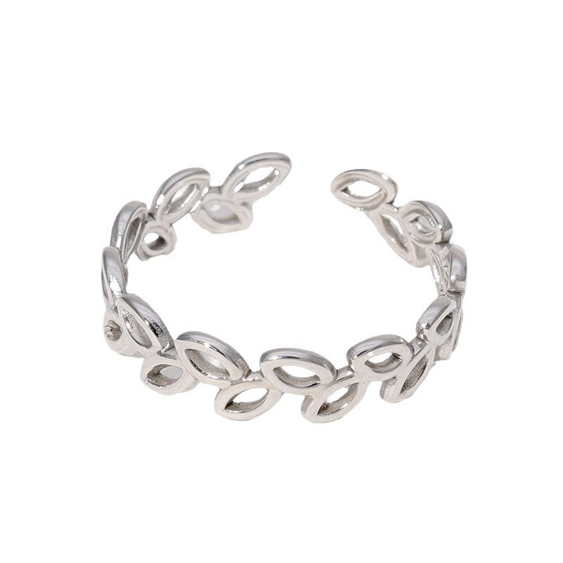 Minimalist Leaf-Shaped Titanium Steel Ring for Women with Plated Finish and Adjustable Open Band