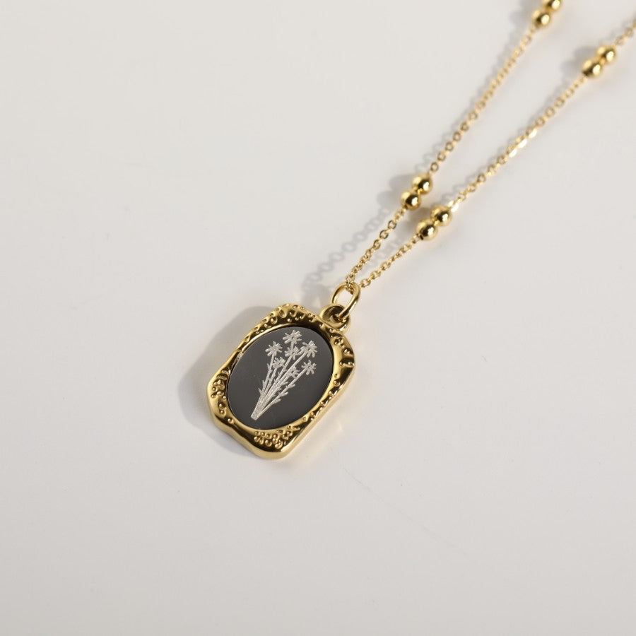 Vintage French Rose Flower Pendant Necklace 18K Gold Plated Titanium Steel Double Layer Beaded Chain