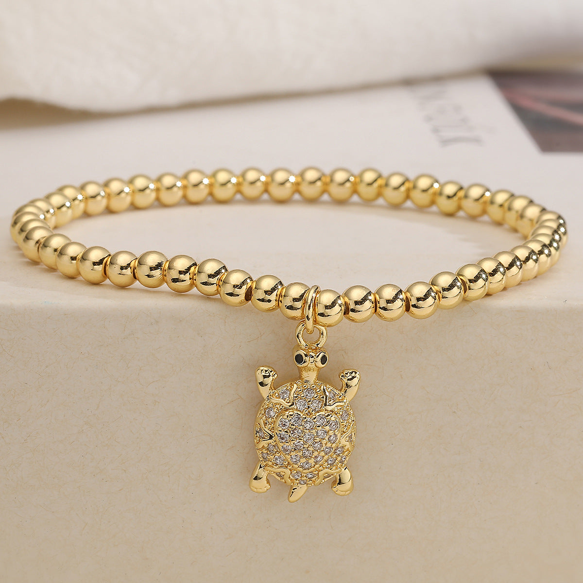 Fashion Cute 18K Gold Plated Cubic Zirconia Turtle Animal Brass Ball Chain Bracelet for Women