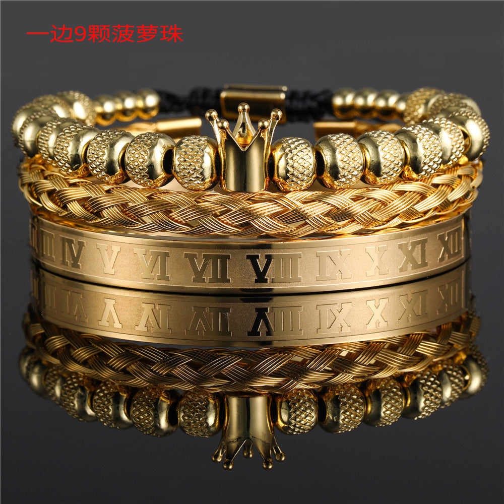 Vintage Crown Geometric Micro-inlay Stainless Steel Mesh Open Cuff Bracelet Set for Unisex