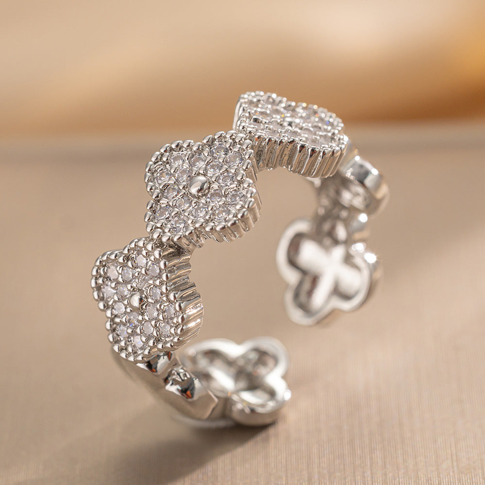 Luxury Minimalist Adjustable Open Ring for Women with Gold-Plated Copper Band and Zircon Stone Accent in Heart and Floral Shape