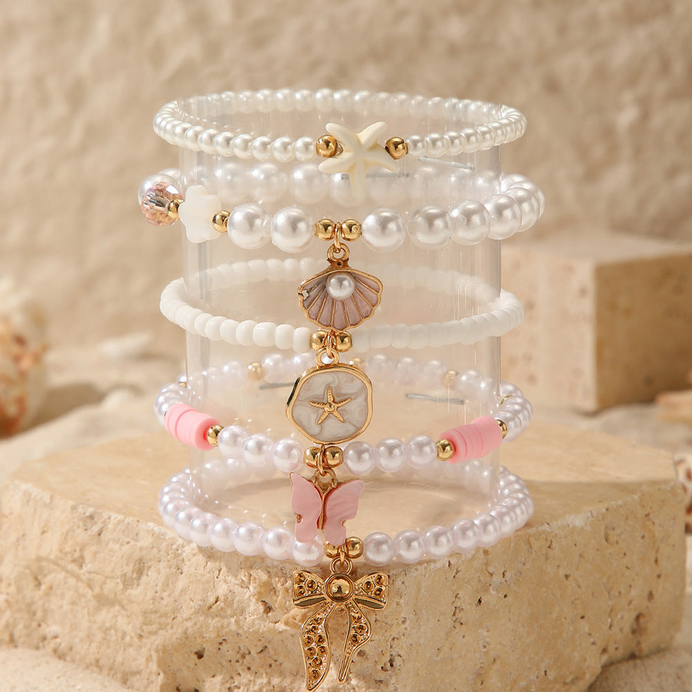 Sweet Cute Pink Glass Heart Bow Pearl Beaded Bracelet for Women