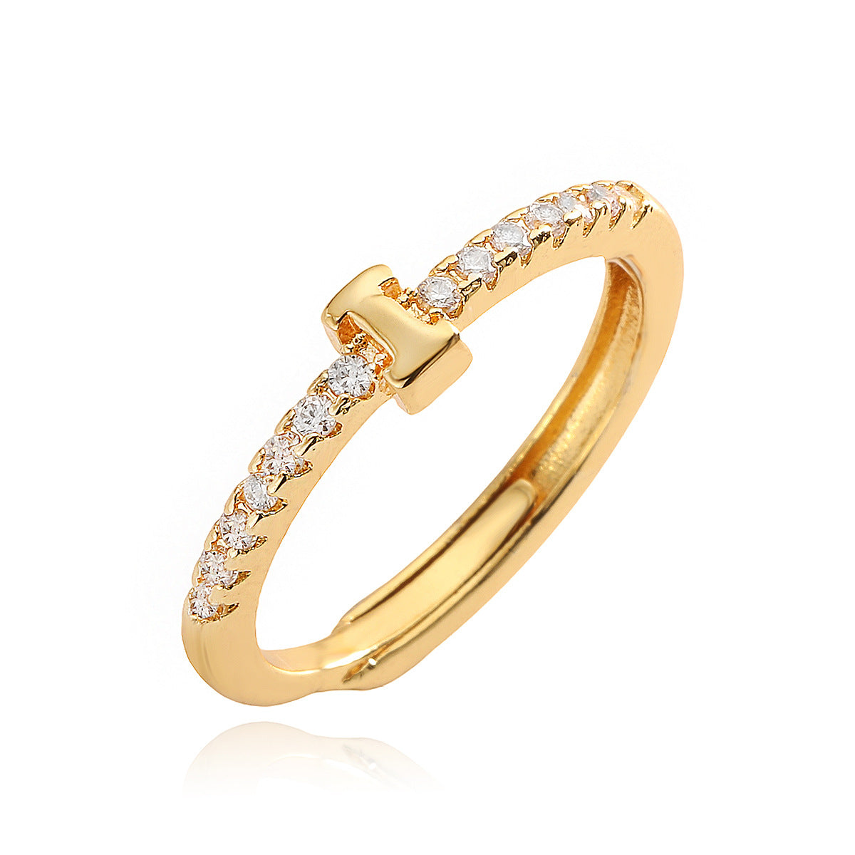 Anello in Rame Geometria Minimalista con Placcatura in Oro 18K e Zirconia Cubica, Design Regolabile a Lettera per Donna