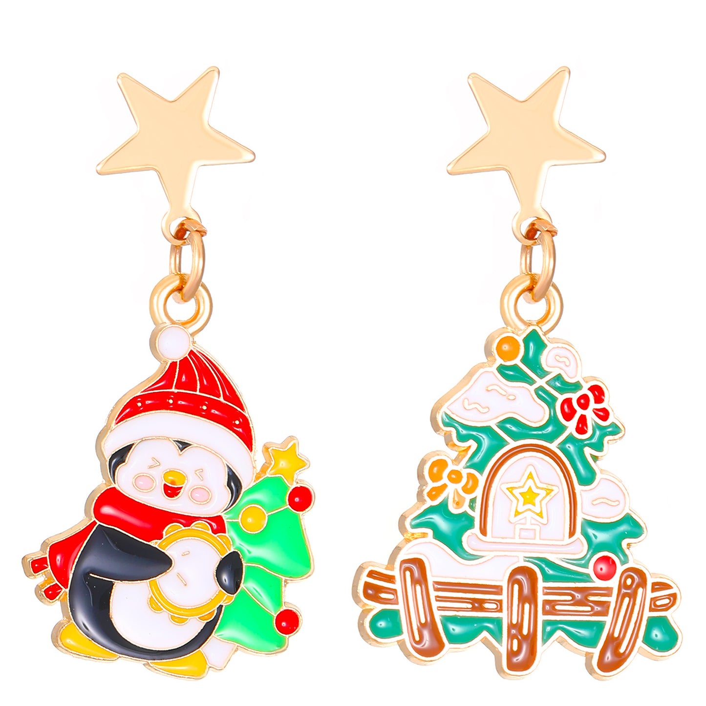 Orecchini Asimmetrici in Lega Stile Instagram Renna e Albero di Natale per Donna con Finitura Smaltata