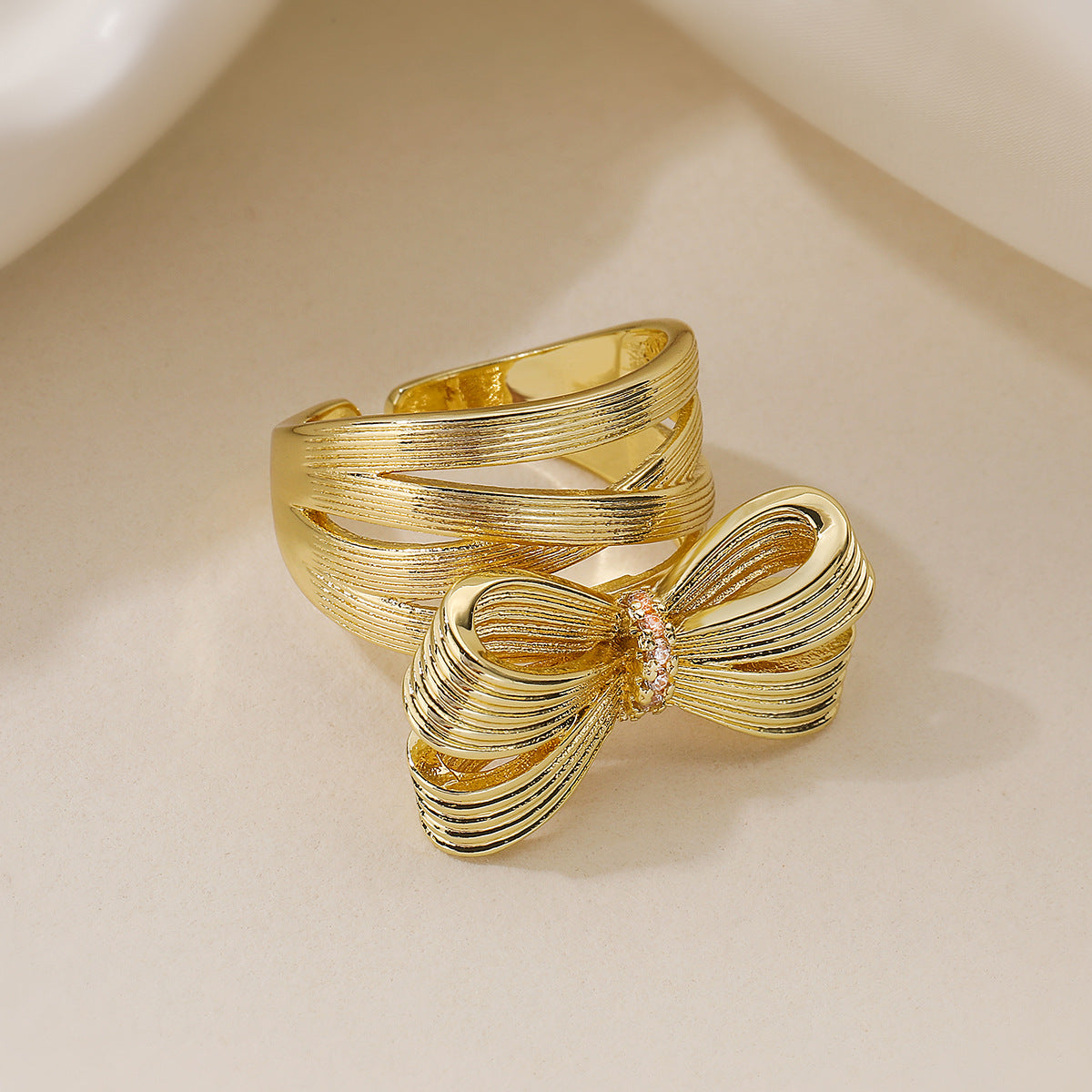 Fashionable Bowknot-Shaped Ring for Women with Brushed Copper Base and 18K Gold Plating, Geometric Design, Adjustable Band