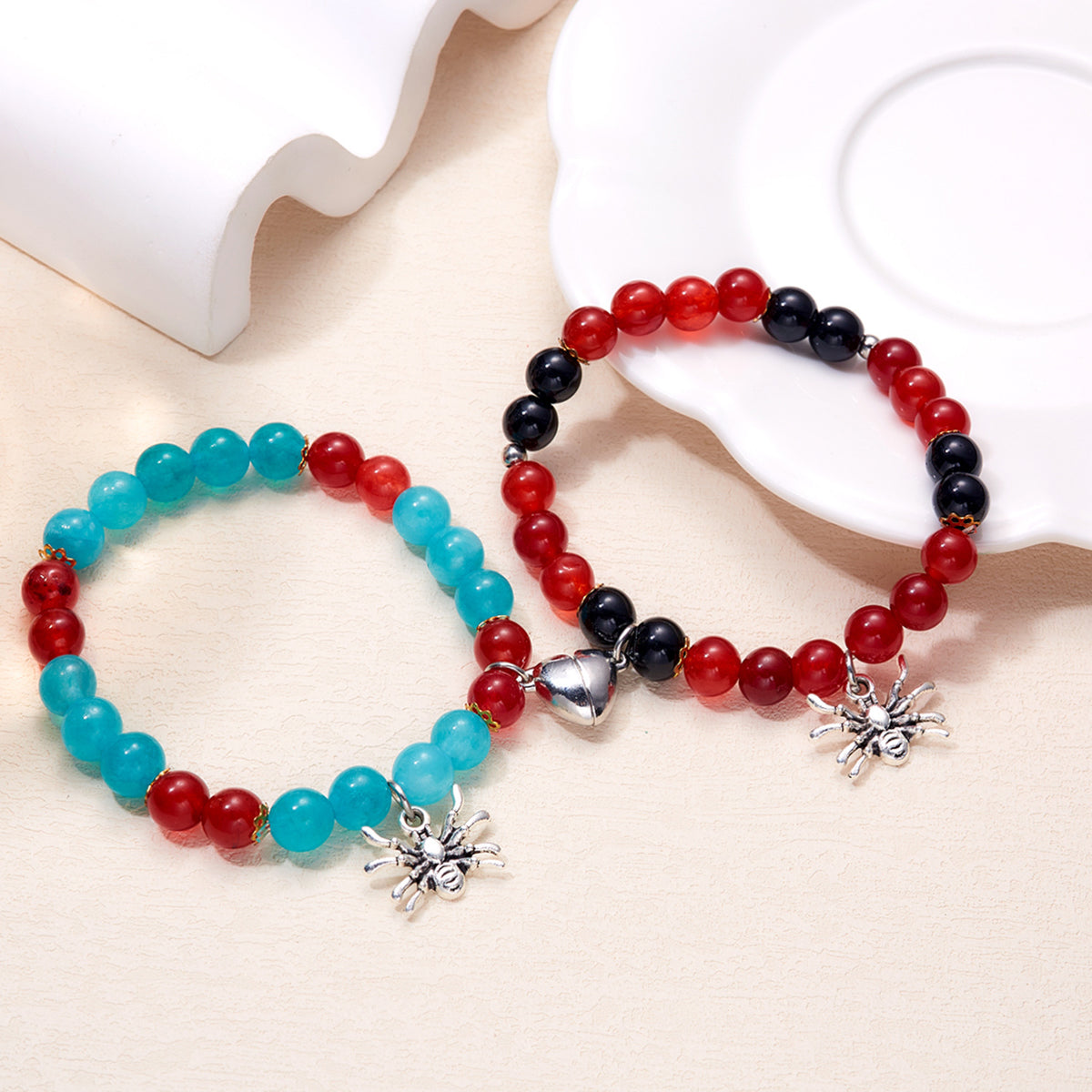 Halloween Spider Heart Geometric Magnetic Elastic Beaded Bracelet for Couples