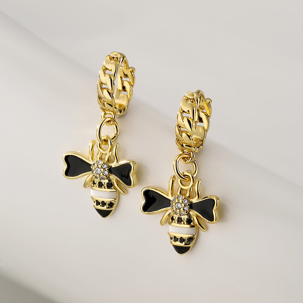 Minimalist Bee-Shaped Copper Pendant Earrings with 18K Gold Plating and Enamel Finish for Women