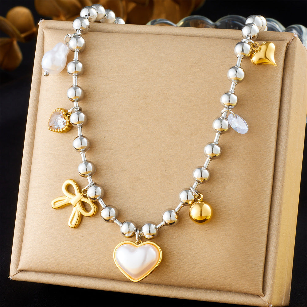 Sweet Cross Heart Bow Drip Oil Eye Pendant Stainless Steel Ball Chain Necklace for Women