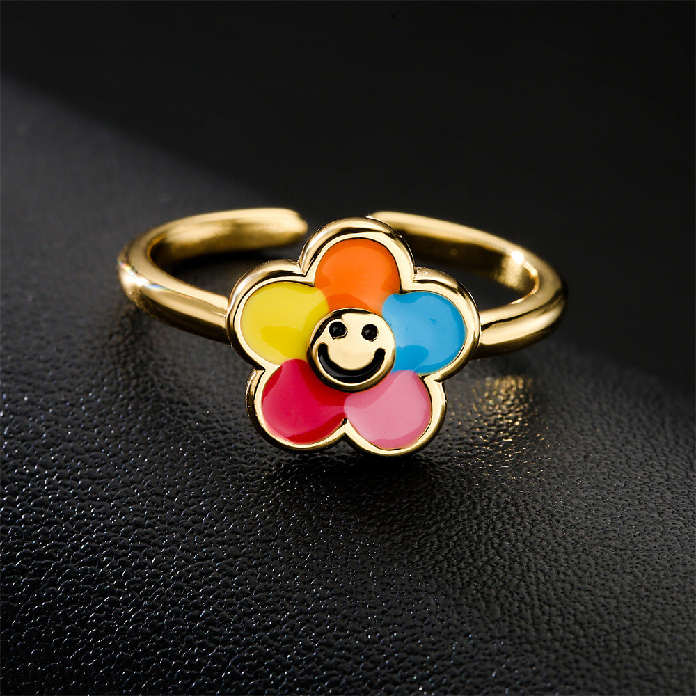 Fashion Drip Oil Gold Plated Brass Geometric Flower Open Ring for Women
