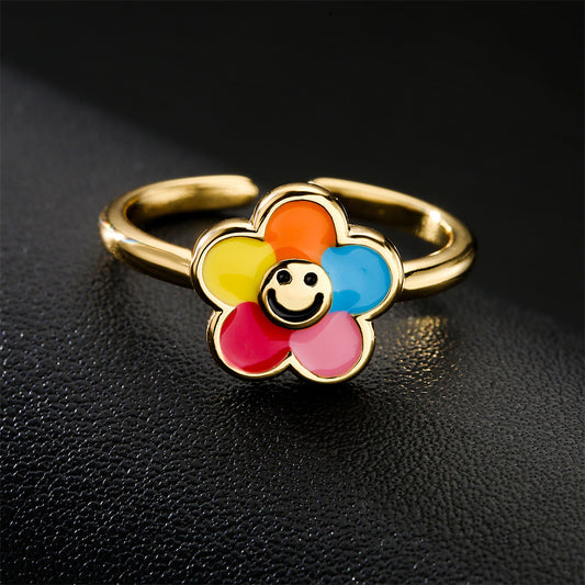 Fashion Drip Oil Gold Plated Brass Geometric Flower Open Ring for Women