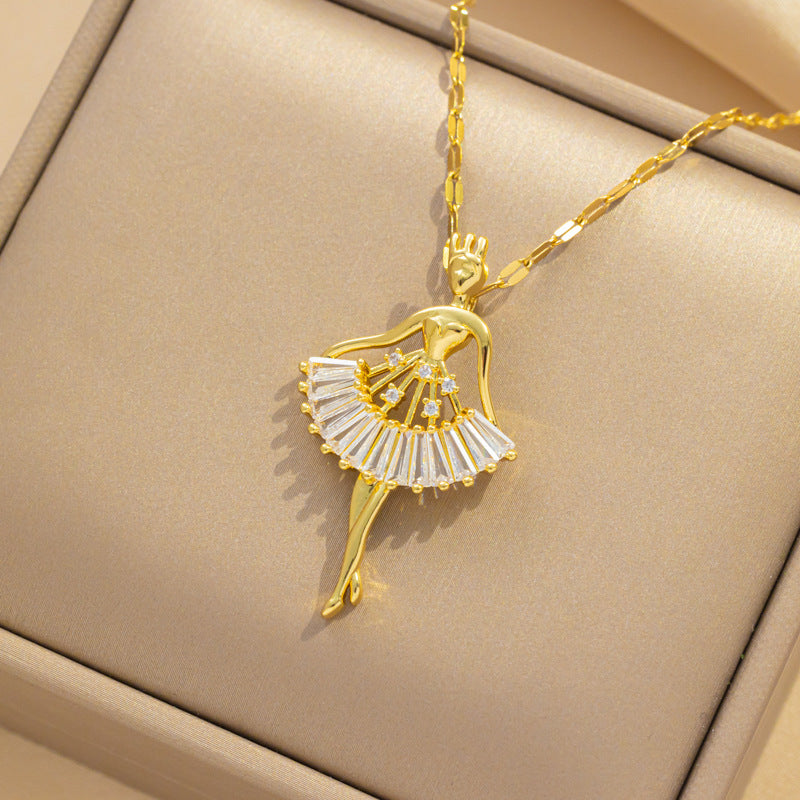 Fashion Ballet Girl Pendant Necklace in Titanium Steel with Micro-Pavé Zirconia, Geometric Shape, Water Wave Chain, Hypoallergenic Plated Finish for Women