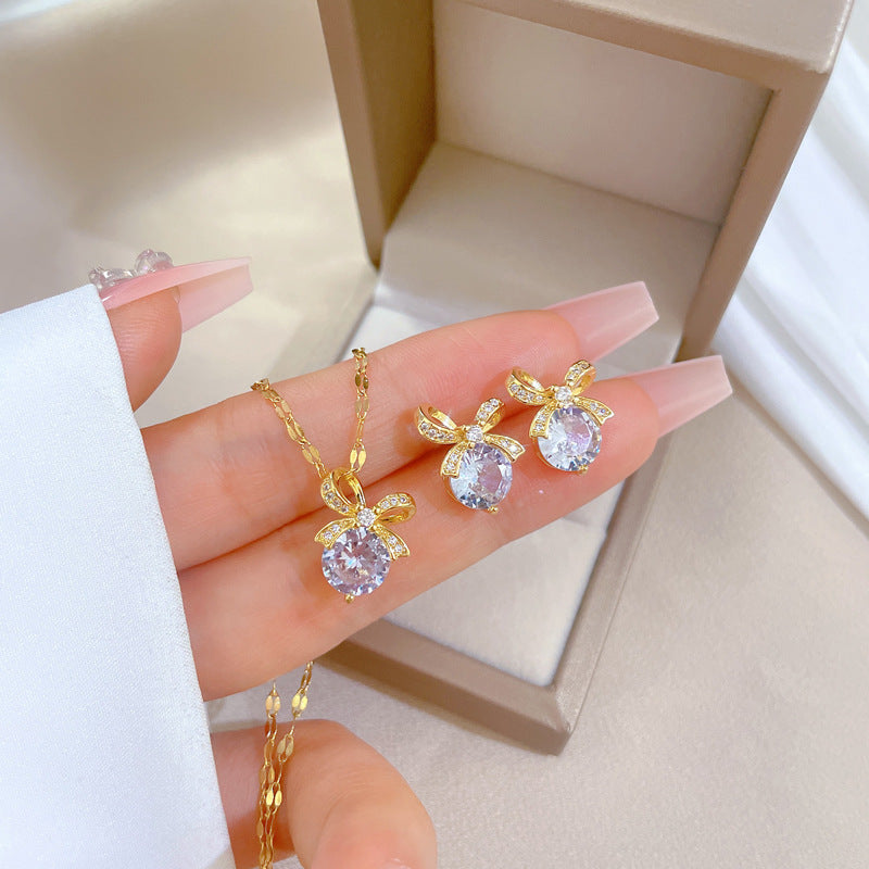 Luxury Fresh and Sweet Plated Brass Zircon Micro-Pave Earrings and Necklace Set
