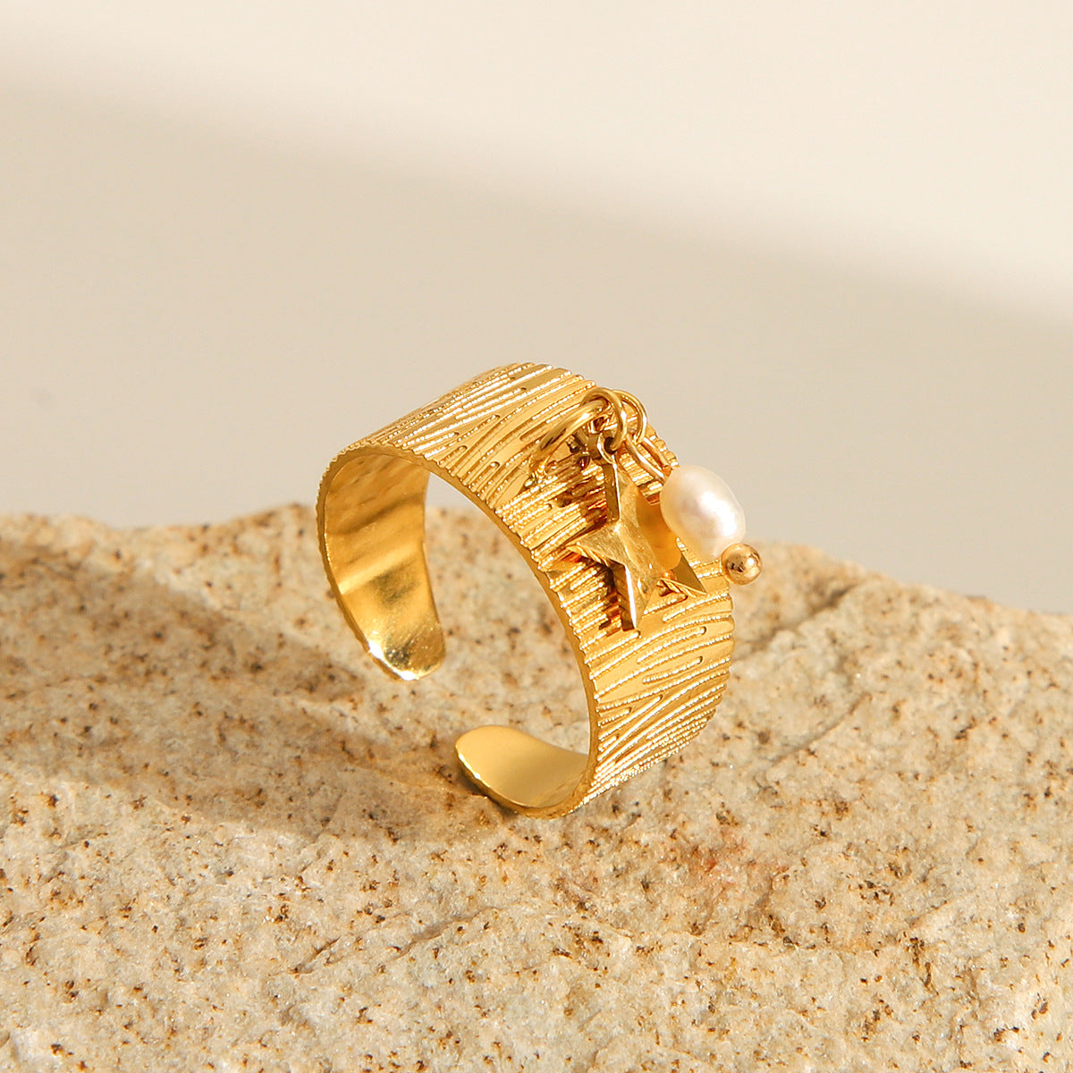 Minimalist Geometric Titanium Steel Open Ring with 18K Gold Plating, Freshwater Pearl and Star Pendant