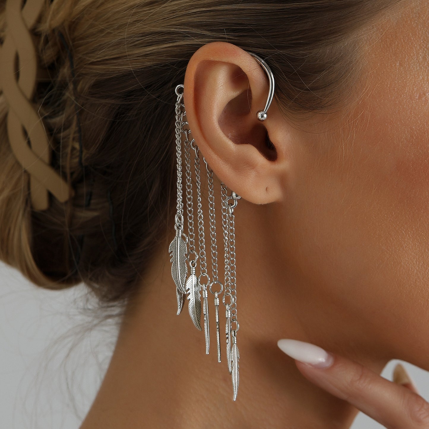 Vintage Leaf Plated Alloy Tassel Ear Cuff for Women