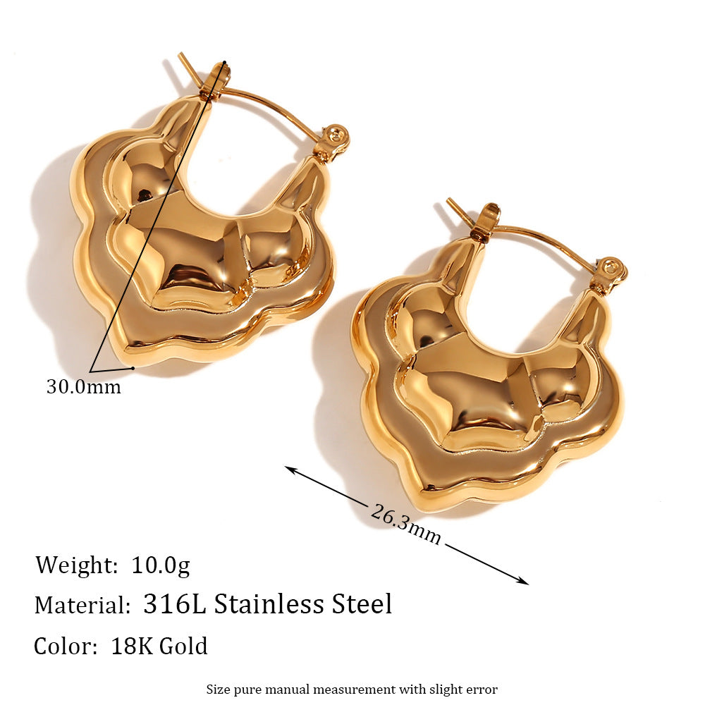 Fashionable Minimalist Lotus-Shaped Hollow Double-Layer Stainless Steel Earrings with 18K Gold Plating for Women