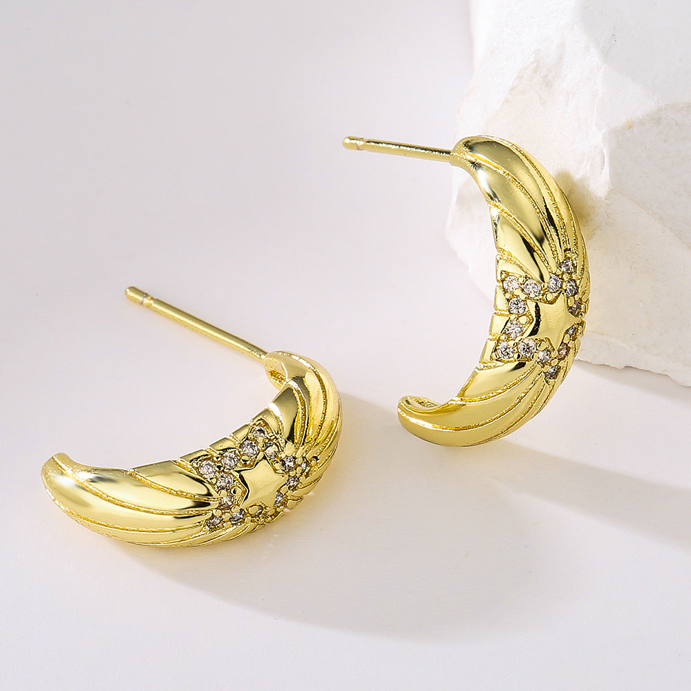 Geometric Star-Shaped Copper Earrings with 18K Gold Plating and Micro-Pave Zirconia for Women