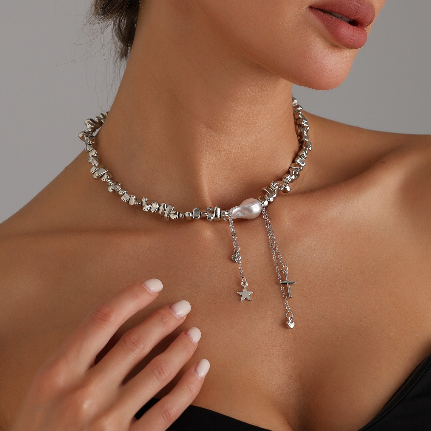 Vintage Asymmetrical Pearl Necklace with Star Heart Cross Pendant and Tassel Detail for Women Alloy Electroplated Locket Chain