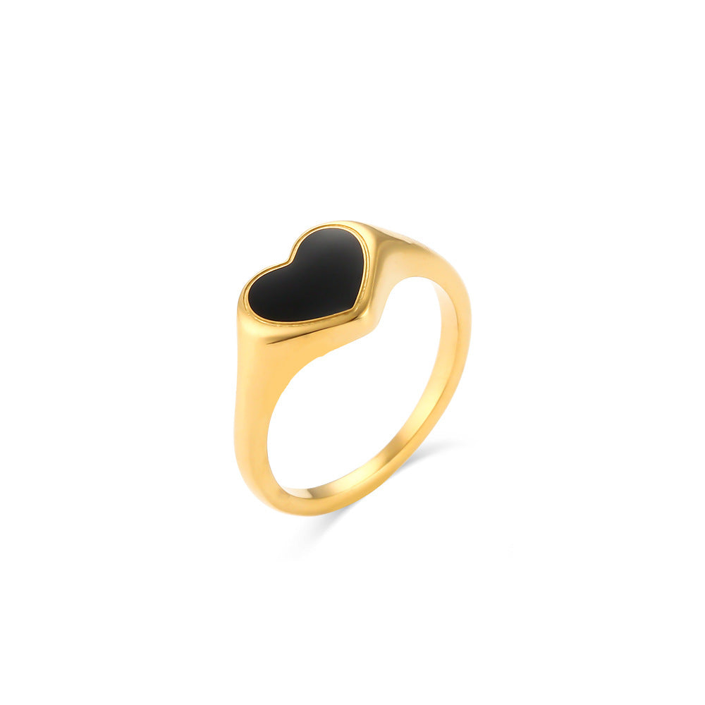 Minimalist Heart-Shaped Black Enamel Stainless Steel Plated 18K Gold Ring for Women