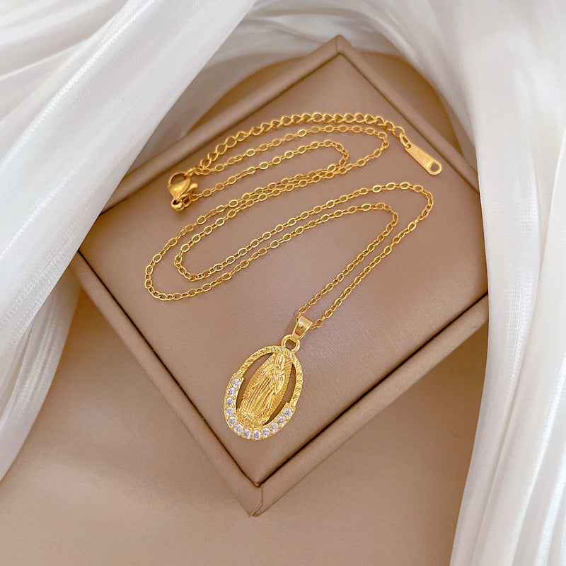 Collana pendente con ritratto a forma di uovo, elegante, da donna, con intarsi di strass su catena in acciaio al titanio