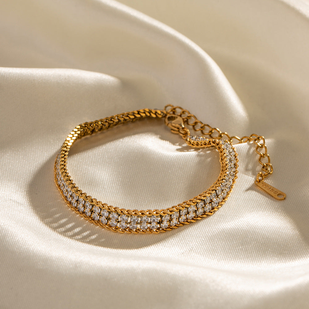 Minimalist Geometric Stainless Steel Bracelet with 18K Gold Plating and White Zirconia Accents