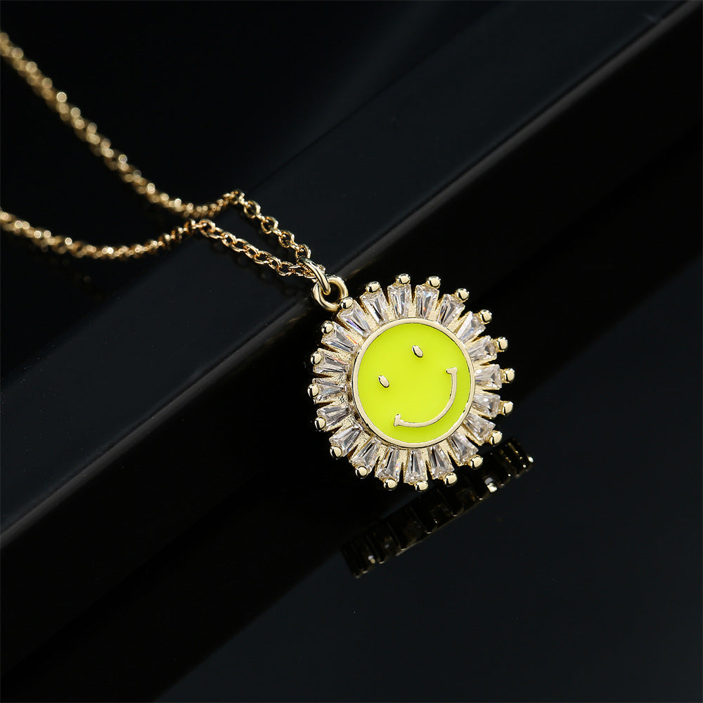 Collana pendente originale con girasole sorridente in rame placcato oro 18 carati