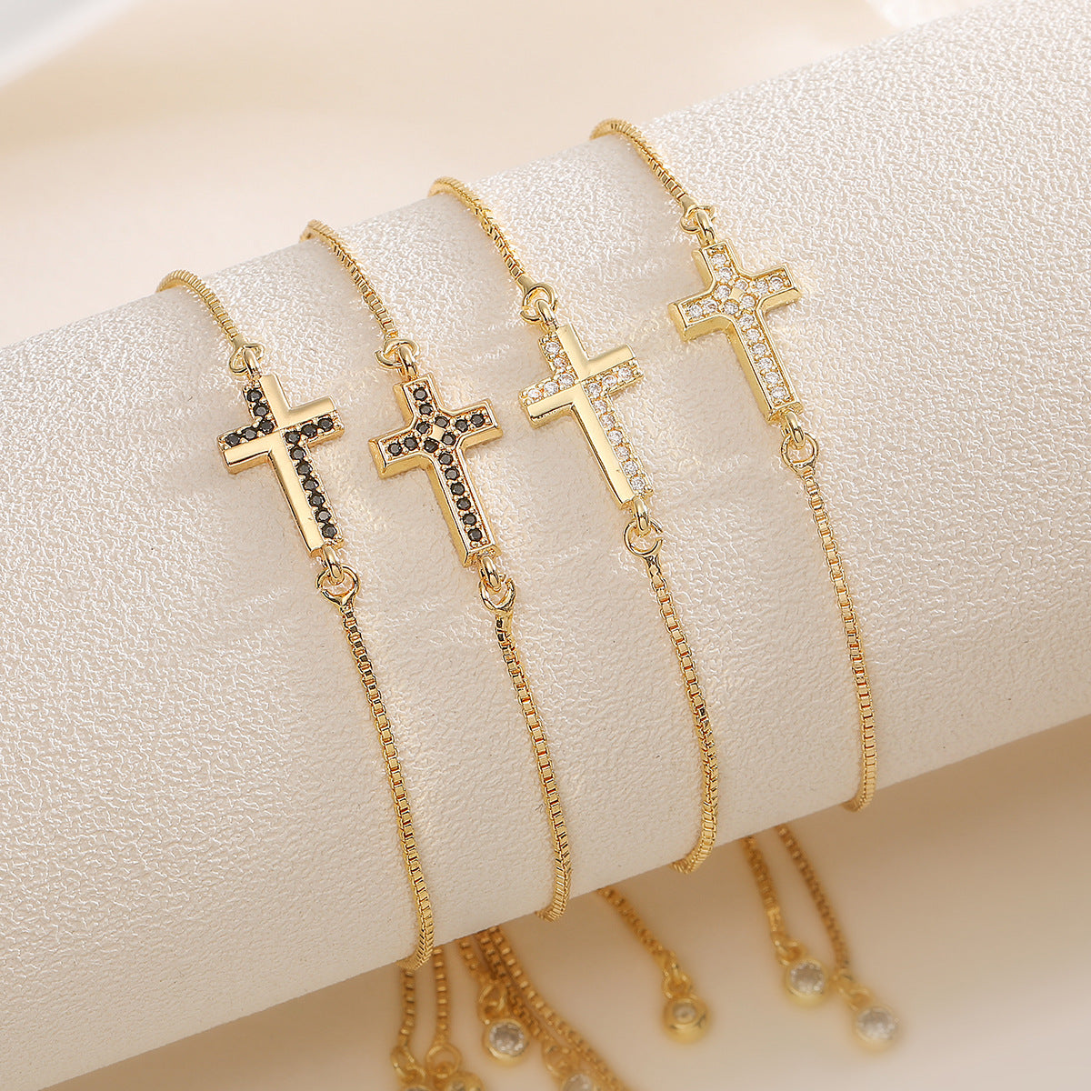 Minimalist Gold Plated Brass Cross Bracelet with Cubic Zirconia for Women