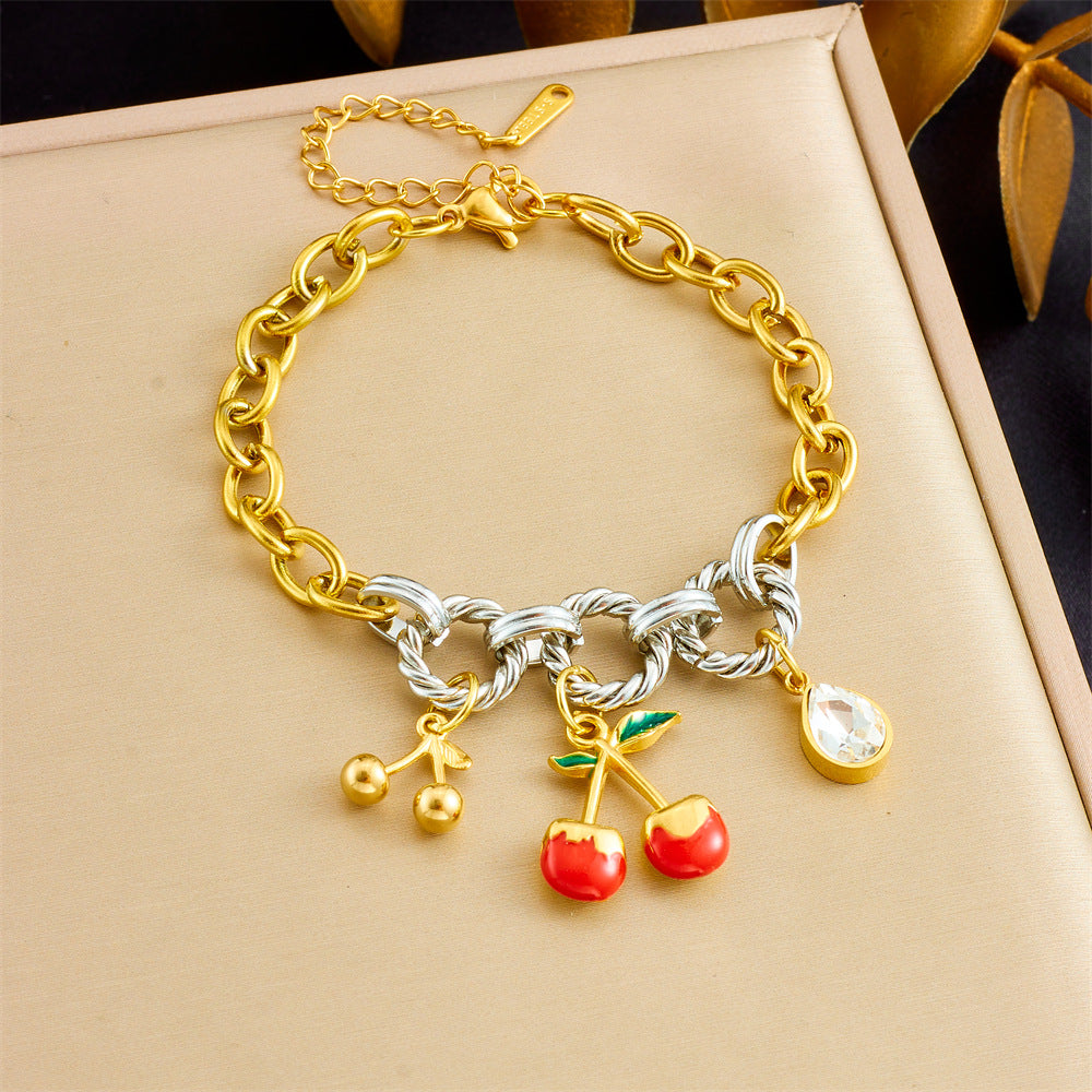 Sweet Gold Plated Stainless Steel Cherry Strawberry Pendant Bracelet