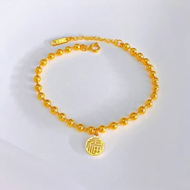 Original Design Leaf-Shaped Titanium Steel Bracelet with 18K Gold Plating for Women, Hypoallergenic Round Bead Wristband