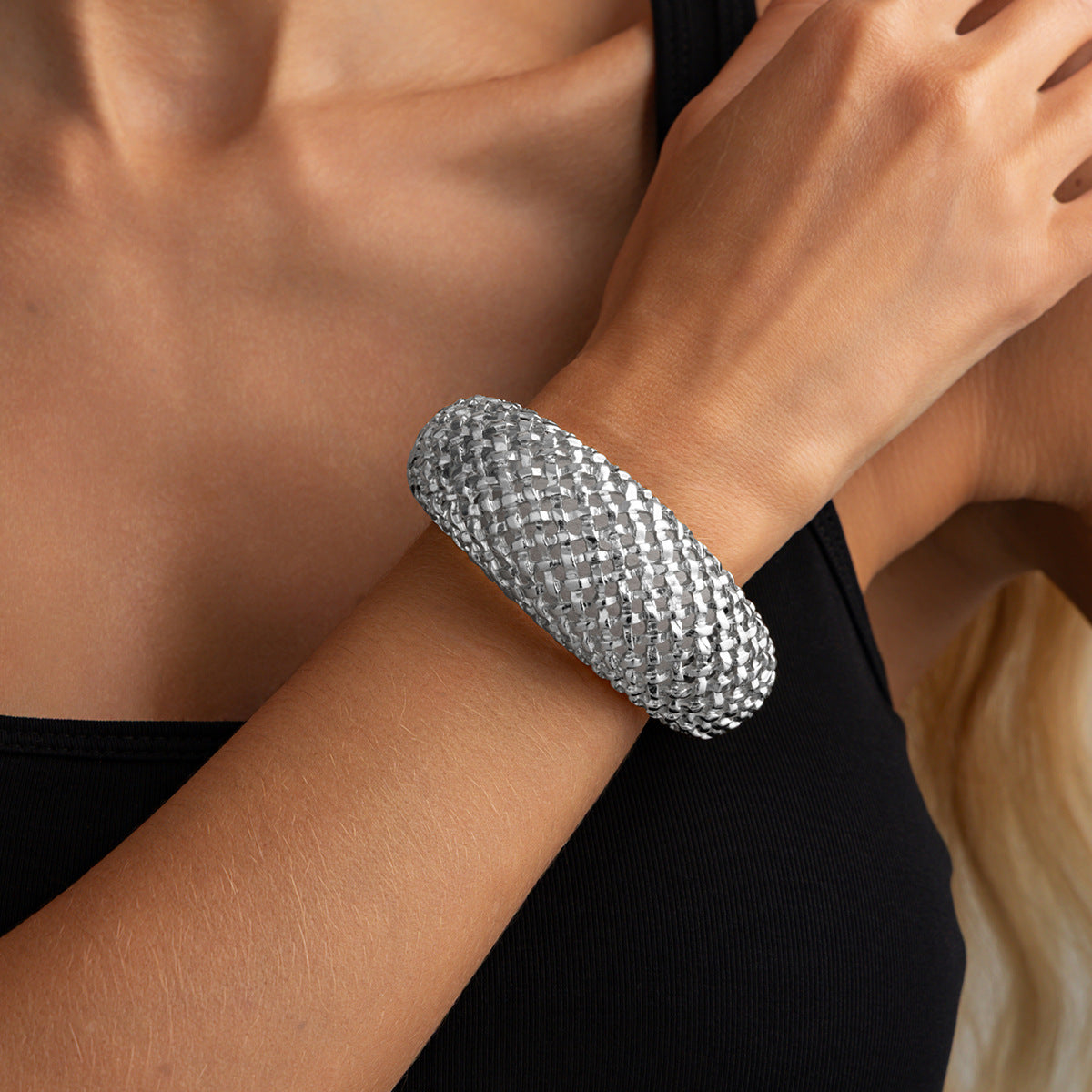 Vintage Geometric Hollow Weave Open Cuff Bracelet Zinc Alloy Plated Wide Bangle