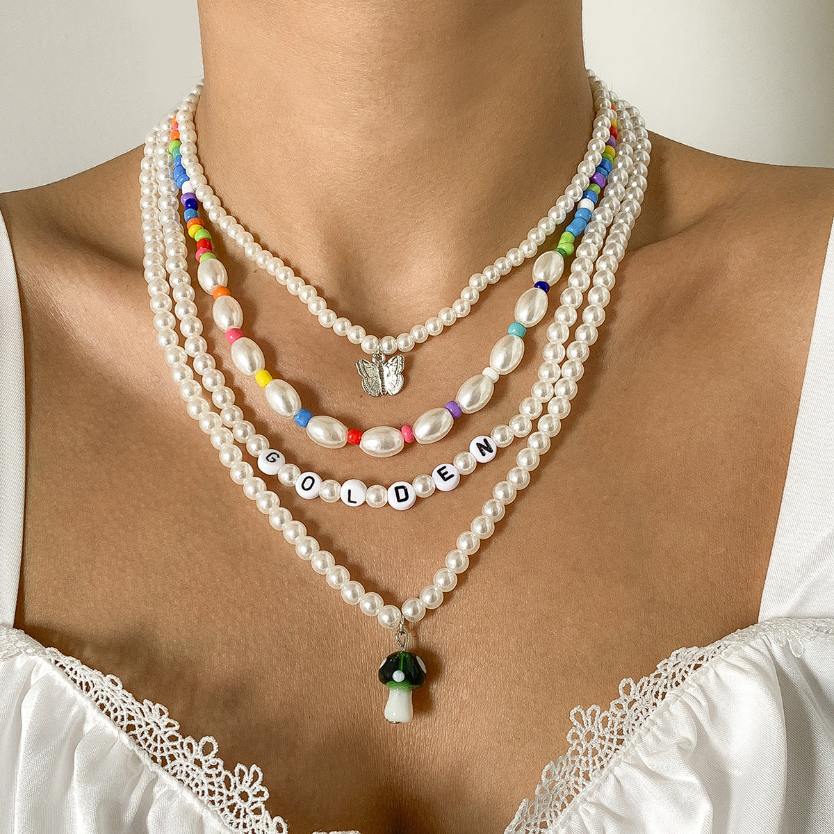 Sweet Vintage Butterfly Letter Acrylic Pendant Pearl Beaded Ball Chain Necklace for Women
