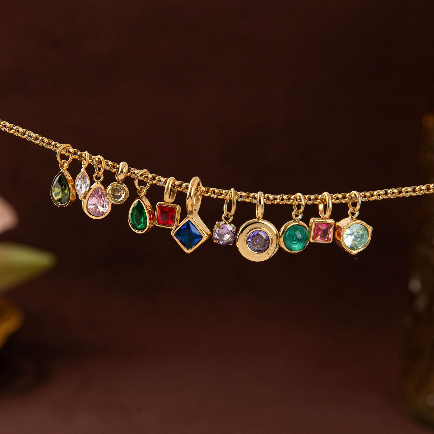 Vintage Geometric Stainless Steel 18K Gold PVD Plated DIY Charm Bar Necklace with 12 Birthstones
