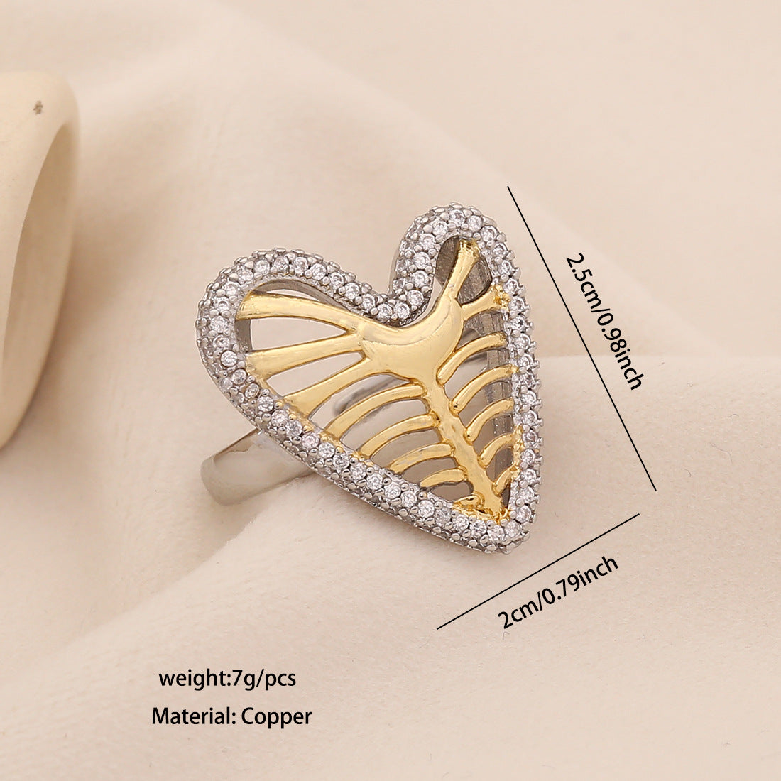 Anello da donna personalizzato in rame a forma di cuore cavo placcato oro