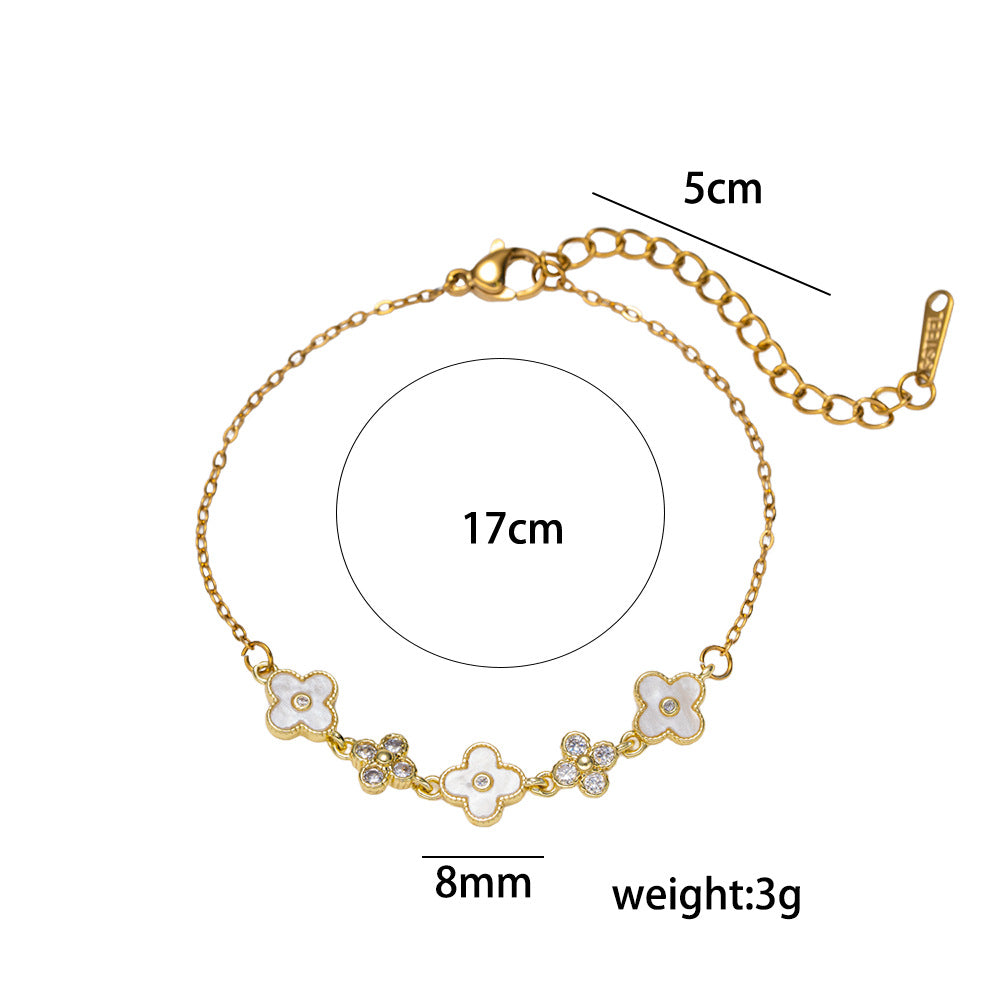 Bracciale da donna in acciaio al titanio placcato oro con zirconi intarsiati, motivo floreale e geometrico, stile pendolare, moda lusso leggero