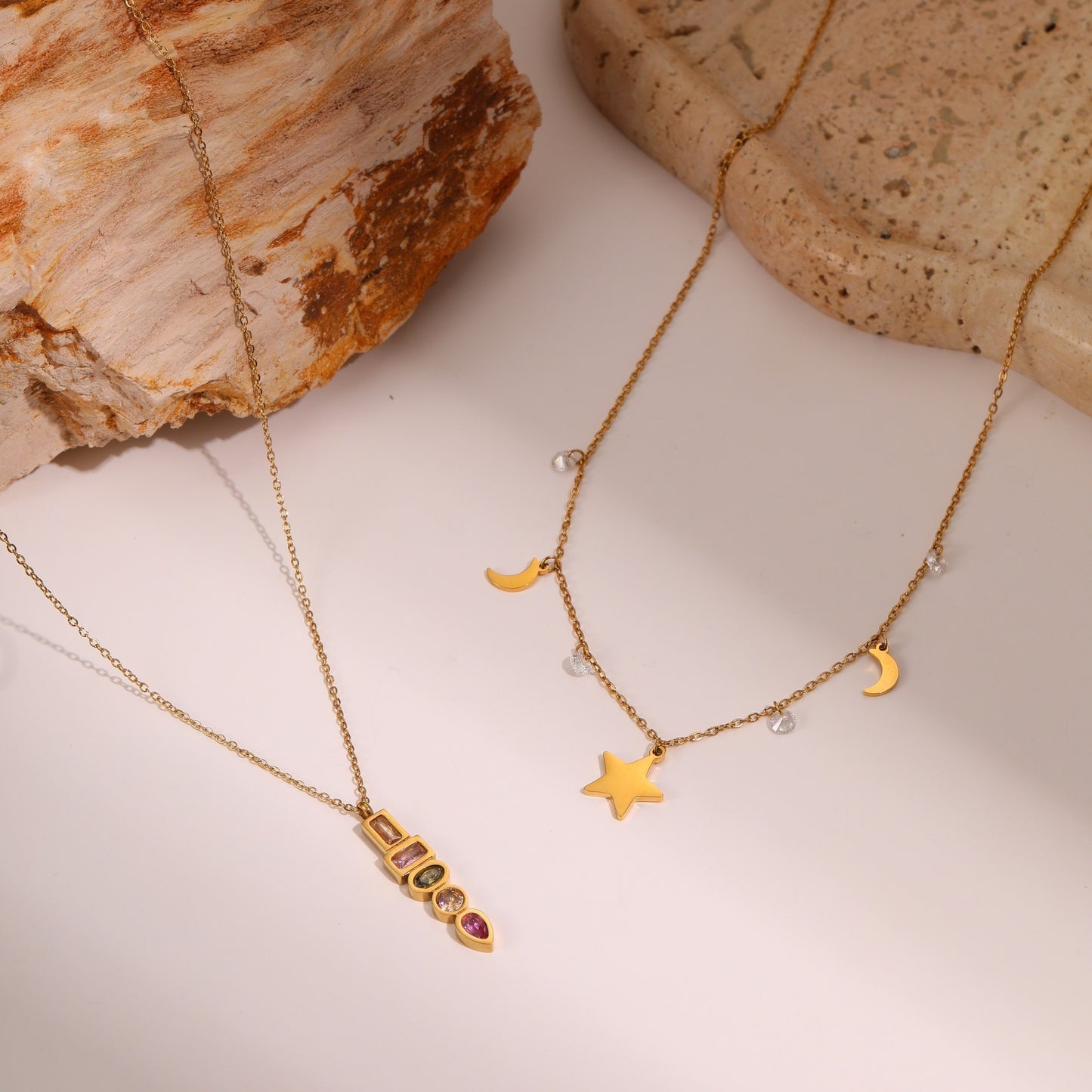 Fashionable Star-Shaped Stainless Steel Necklace with 18K Gold Plating and Colorful Zircon Inlay for Women