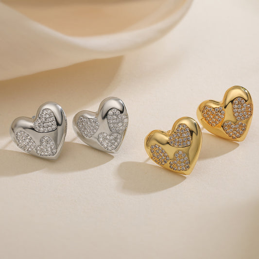 Vintage Minimalist Gold Plated Brass Heart Stud Earrings with Cubic Zirconia for Women